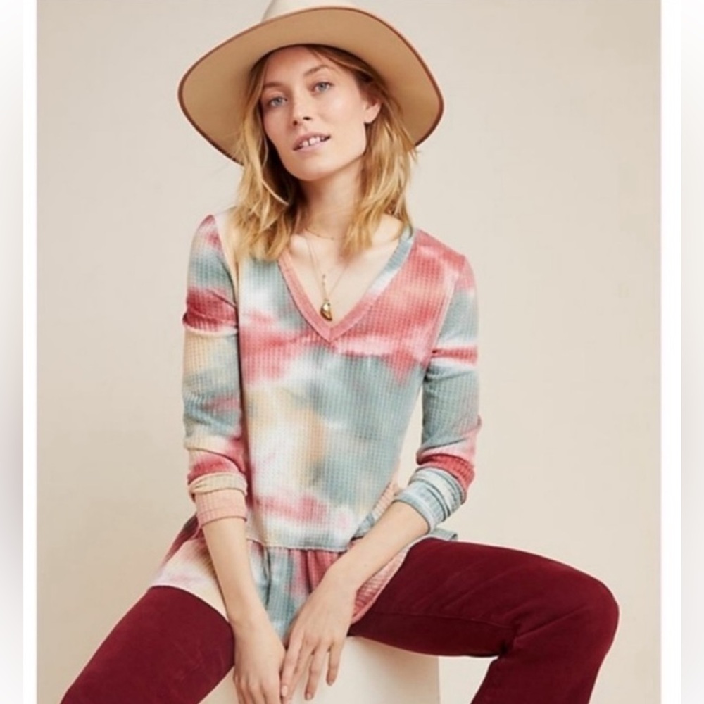 Anthropologie Eri + Ali Peplum Tie Dye Waffle Knit Top - Picture 2 of 7